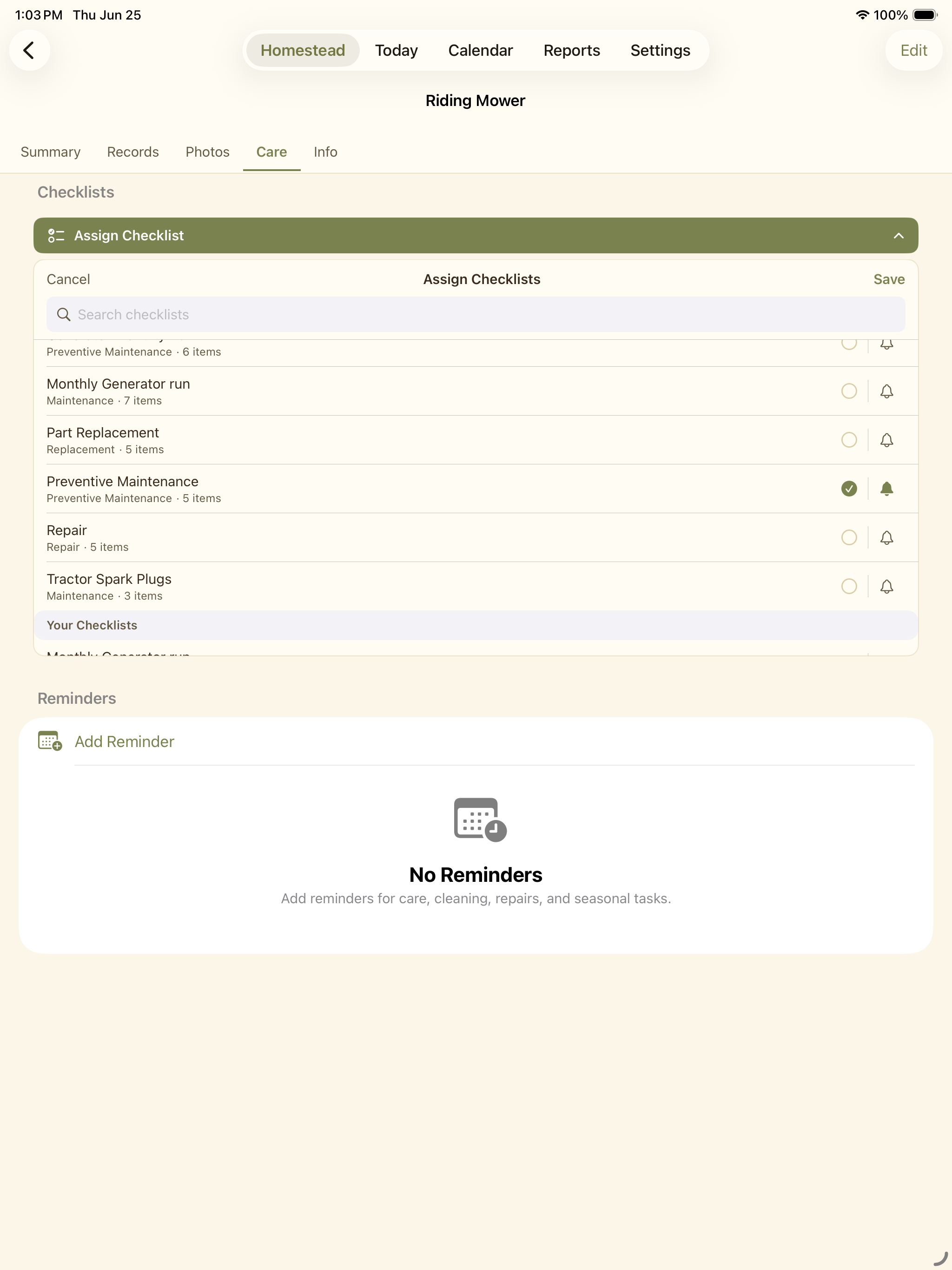 Checklist form showing maintenance tasks and reminder options for a riding mower.